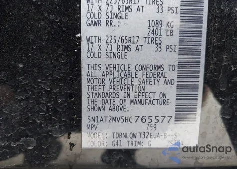 2017 Nissan Rogue Sv from USA, damaged, VIN 5N1AT2MV5HC765577